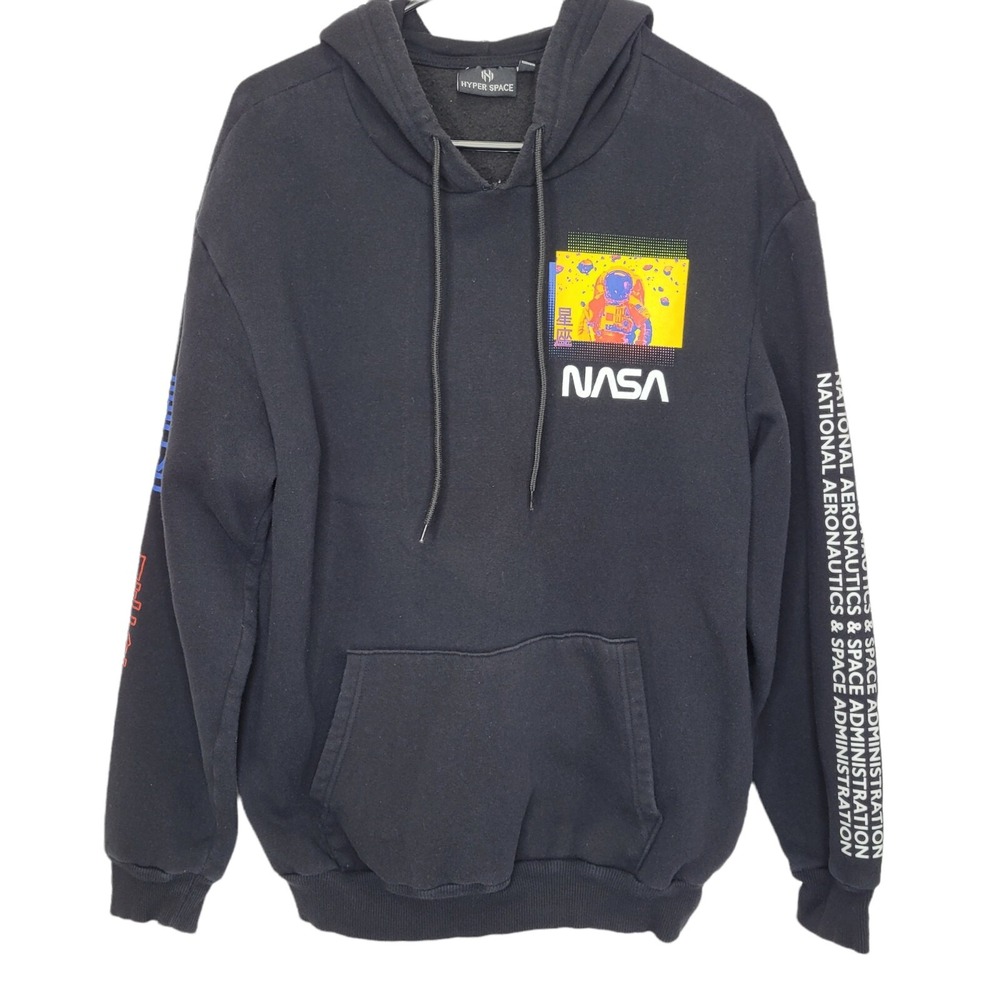 NASA Pullover Hoodie Men's Sz M Black Neon Rainbow Hyper Space Double‎ Sided
